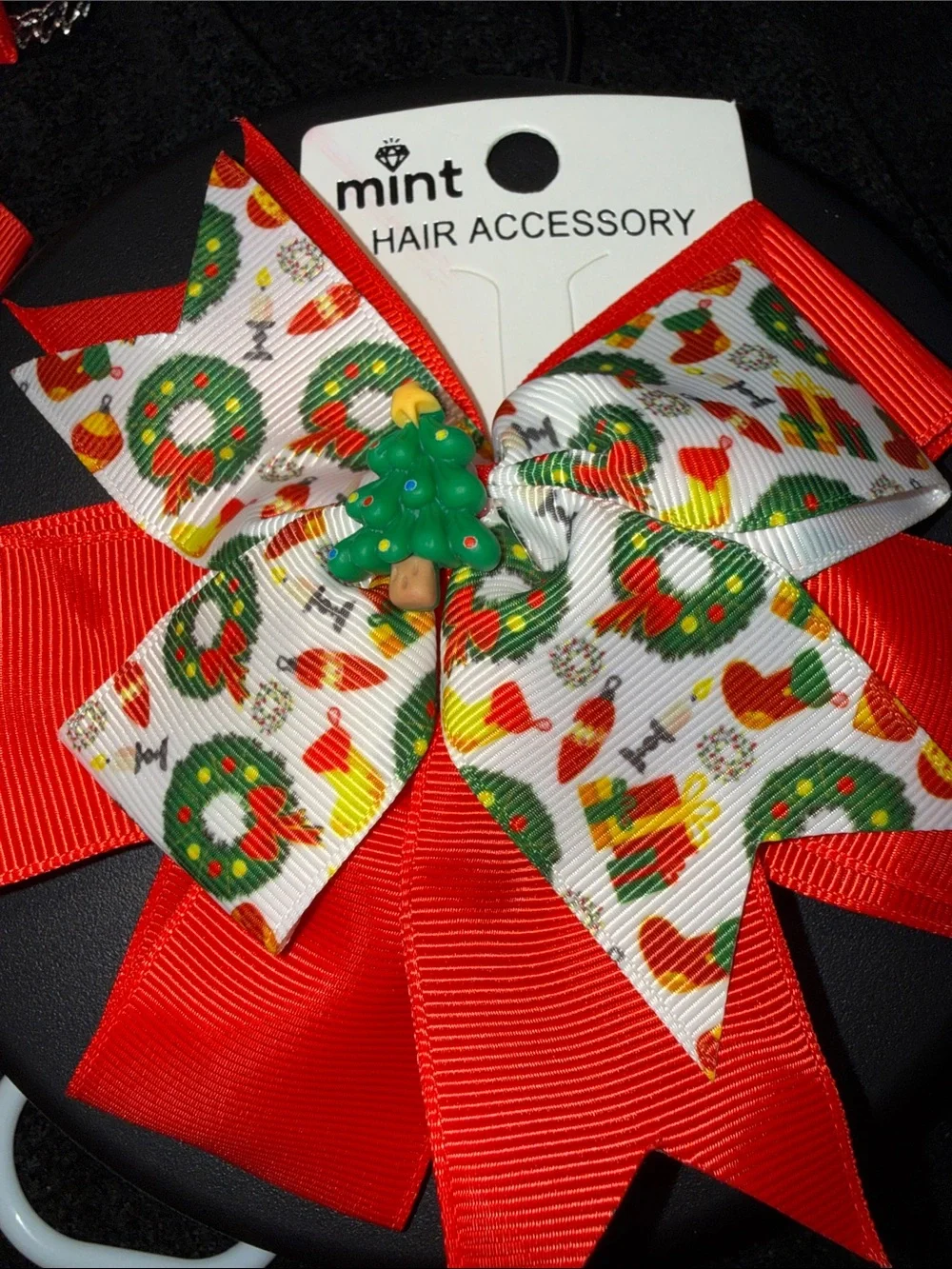 Mint Red and White Christmas Wreath & Tree Bow Hair Accessory